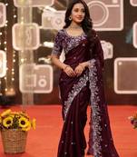 wine jimmy choo embroidered embellished havy work wedding wear saree