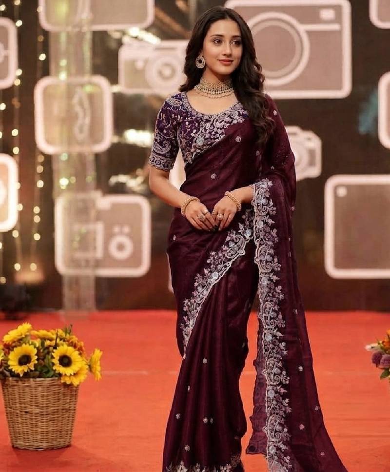 wine jimmy choo embroidered embellished havy work wedding wear saree