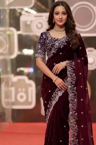 wine jimmy choo embroidered embellished havy work wedding wear saree
