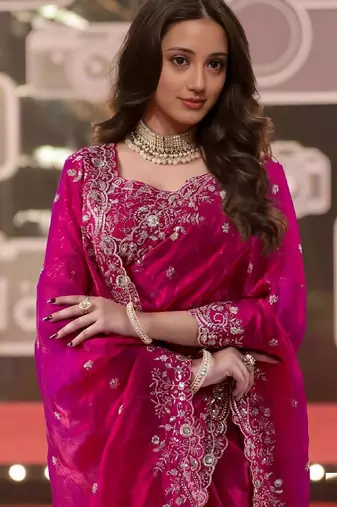 pink jimmy choo embroidered embellished havy work wedding wear saree