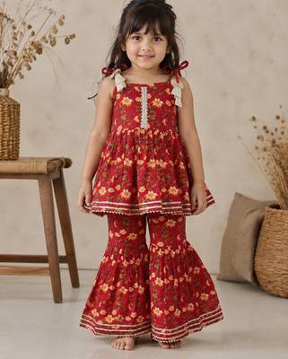Red pure cotton floral print sleeveless square neck kurta and sharara set 1
