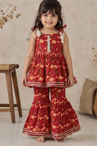 Red pure cotton floral print sleeveless square neck kurta and sharara set