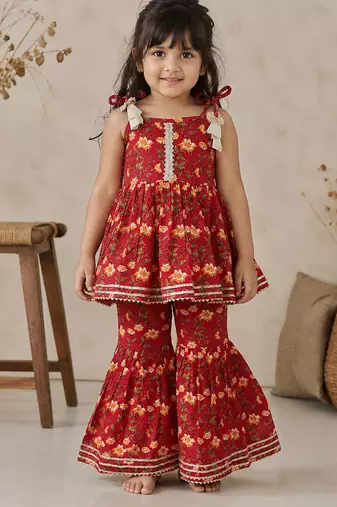 Red pure cotton floral print sleeveless square neck kurta and sharara set