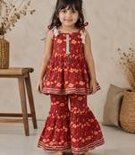 Red pure cotton floral print sleeveless square neck kurta and sharara set