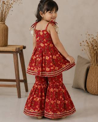 Red pure cotton floral print sleeveless square neck kurta and sharara set 2