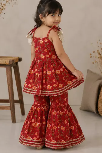 Red pure cotton floral print sleeveless square neck kurta and sharara set