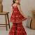 Red pure cotton floral print sleeveless square neck kurta and sharara set