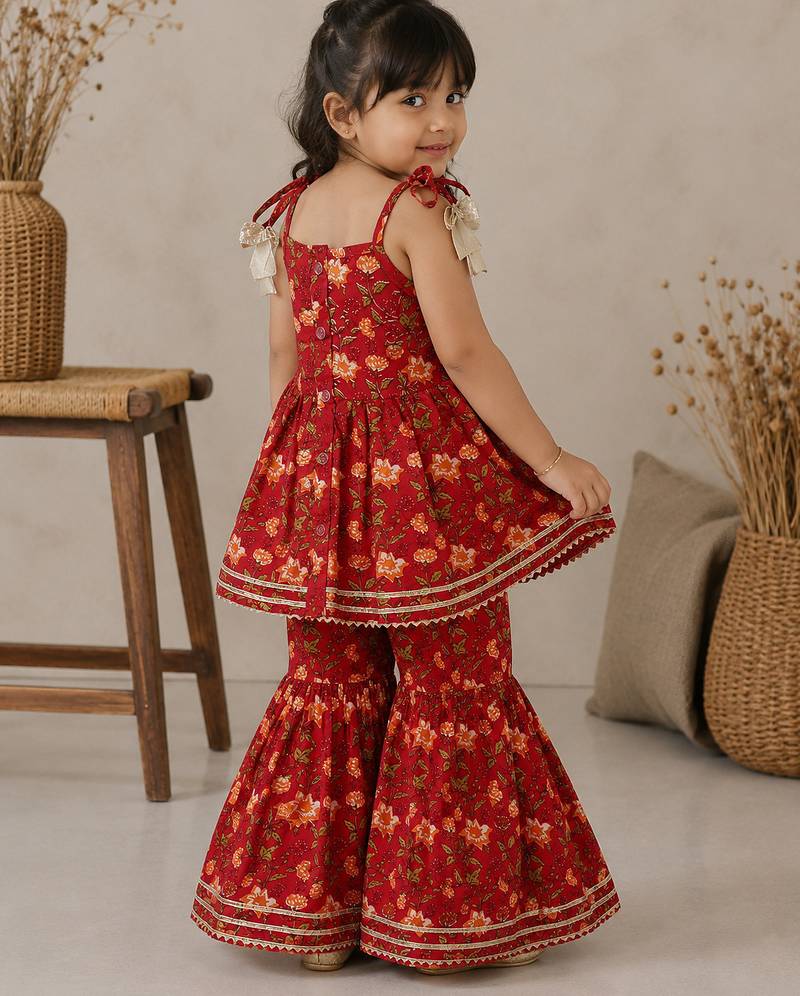 Red pure cotton floral print sleeveless square neck kurta and sharara set