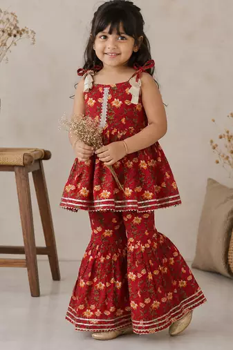 Red pure cotton floral print sleeveless square neck kurta and sharara set