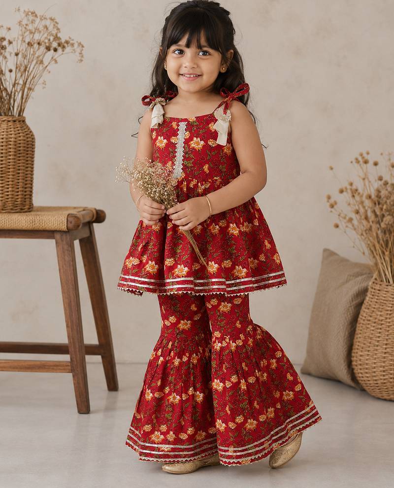 Red pure cotton floral print sleeveless square neck kurta and sharara set