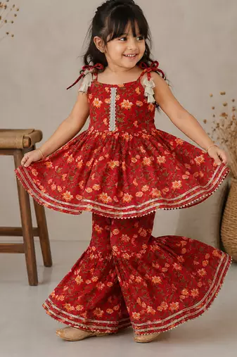 Red pure cotton floral print sleeveless square neck kurta and sharara set