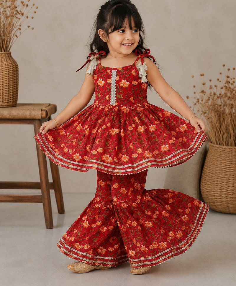 Red pure cotton floral print sleeveless square neck kurta and sharara set