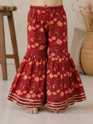 Red pure cotton floral print sleeveless square neck kurta and sharara set 5
