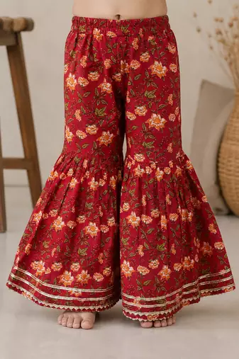 Red pure cotton floral print sleeveless square neck kurta and sharara set