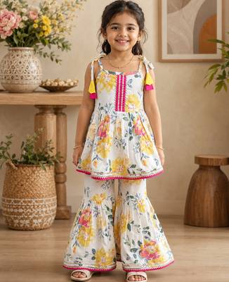 White pure cotton floral print sleeveless square neck kurta and sharara set 1