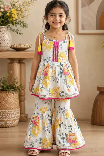 White pure cotton floral print sleeveless square neck kurta and sharara set