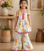 White pure cotton floral print sleeveless square neck kurta and sharara set