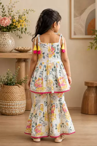 White pure cotton floral print sleeveless square neck kurta and sharara set