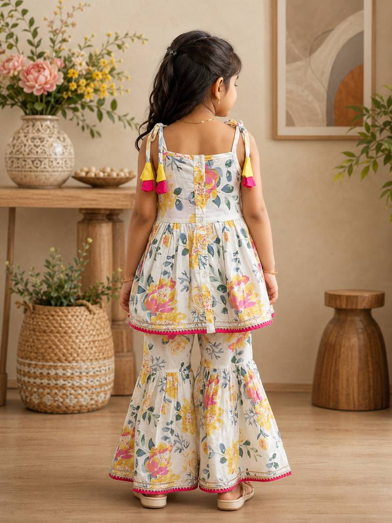 White pure cotton floral print sleeveless square neck kurta and sharara set