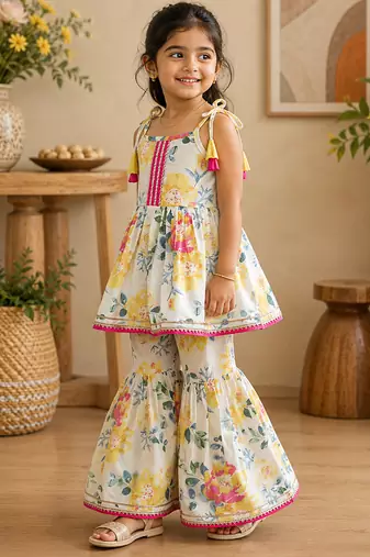 White pure cotton floral print sleeveless square neck kurta and sharara set