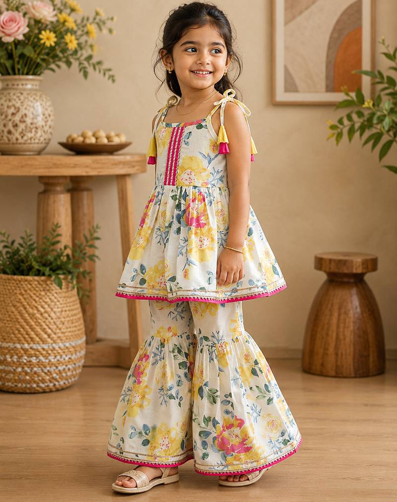 White pure cotton floral print sleeveless square neck kurta and sharara set