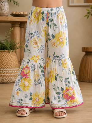 White pure cotton floral print sleeveless square neck kurta and sharara set 4