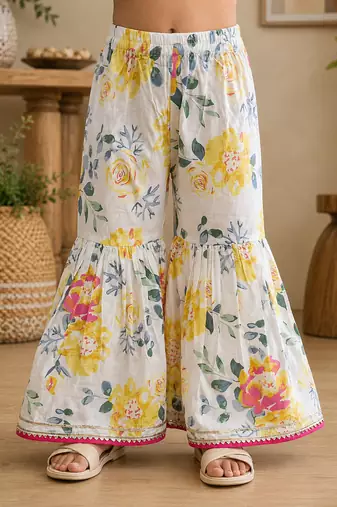 White pure cotton floral print sleeveless square neck kurta and sharara set