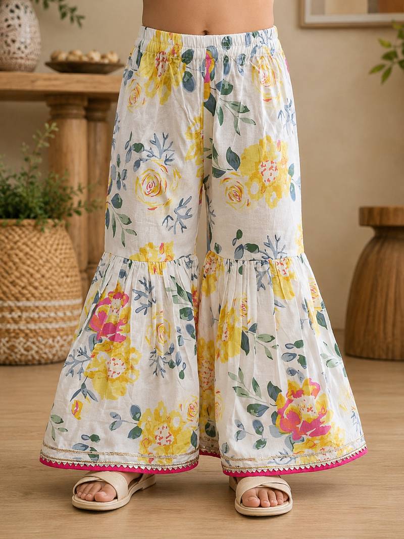 White pure cotton floral print sleeveless square neck kurta and sharara set