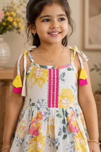 White pure cotton floral print sleeveless square neck kurta and sharara set