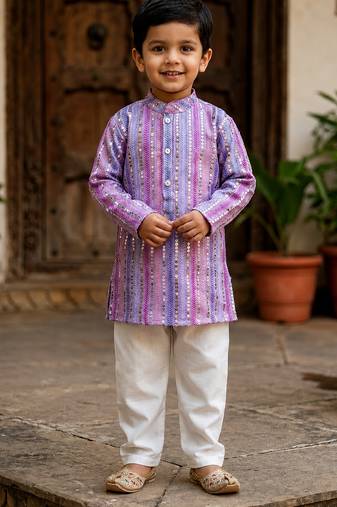 Lavender polyester embroidered full sleeve mandarin collar kurta and pyjama set