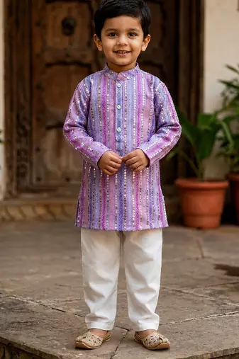 Lavender polyester embroidered full sleeve mandarin collar kurta and pyjama set