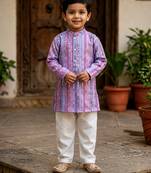 Lavender polyester embroidered full sleeve mandarin collar kurta and pyjama set