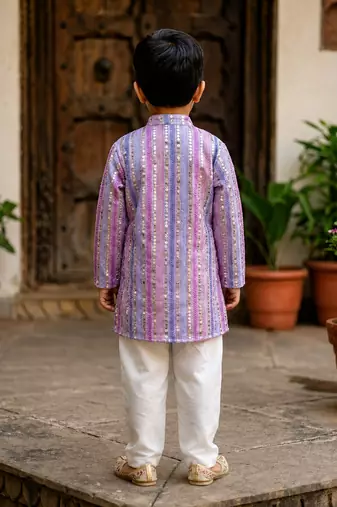 Lavender polyester embroidered full sleeve mandarin collar kurta and pyjama set