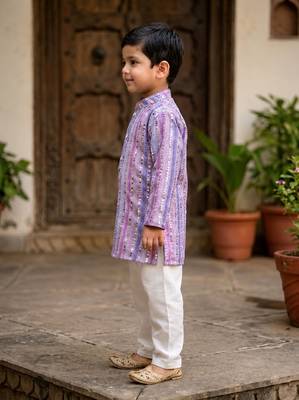 Lavender polyester embroidered full sleeve mandarin collar kurta and pyjama set 3