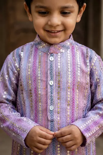 Lavender polyester embroidered full sleeve mandarin collar kurta and pyjama set