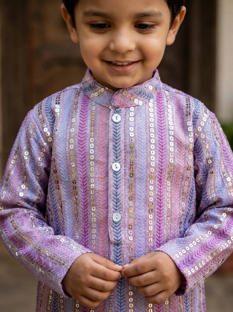 Lavender polyester embroidered full sleeve mandarin collar kurta and pyjama set
