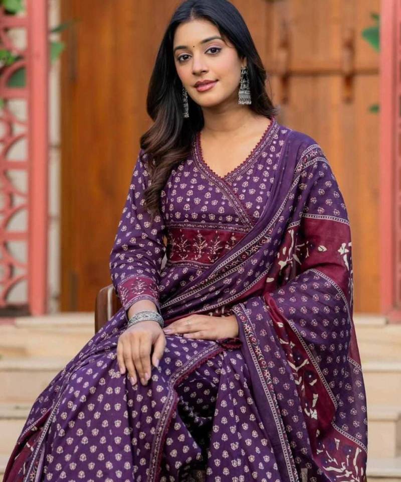 Blue Cotton Anarkali Suit Set