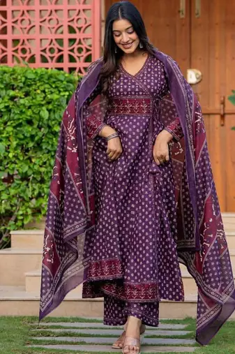 Blue Cotton Anarkali Suit Set