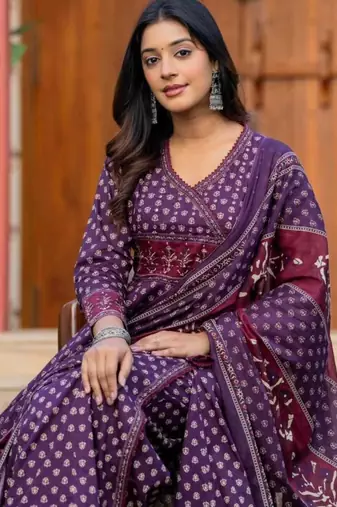 Blue Cotton Anarkali Suit Set