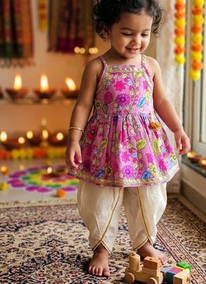 Purple floral print sleeveless polycotton dhoti and kurta set 1
