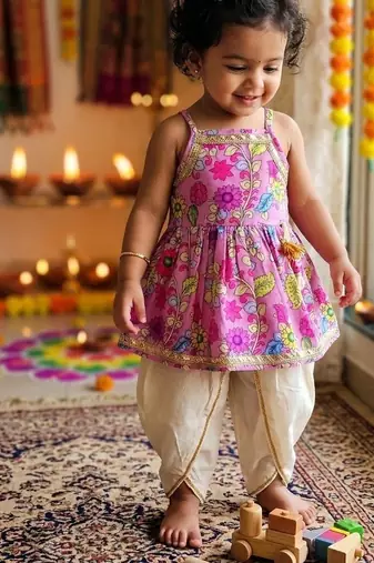 Purple floral print sleeveless polycotton dhoti and kurta set