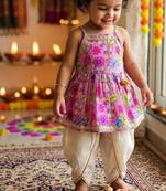Purple floral print sleeveless polycotton dhoti and kurta set