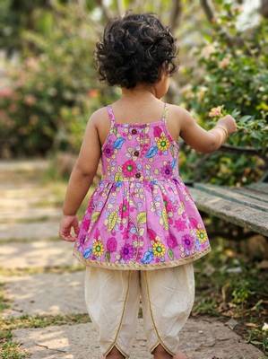 Purple floral print sleeveless polycotton dhoti and kurta set 2