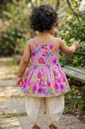 Purple floral print sleeveless polycotton dhoti and kurta set