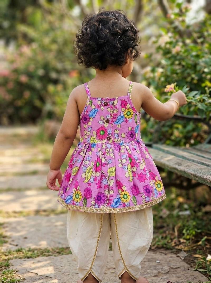 Purple floral print sleeveless polycotton dhoti and kurta set