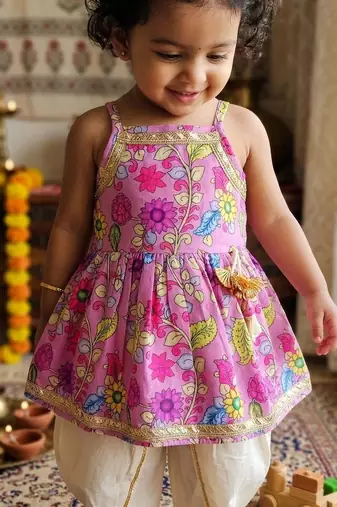 Purple floral print sleeveless polycotton dhoti and kurta set