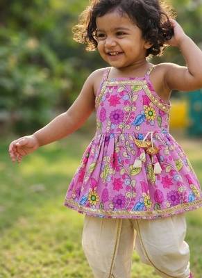 Purple floral print sleeveless polycotton dhoti and kurta set 5