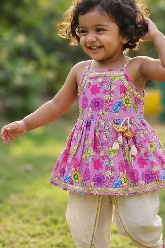 Purple floral print sleeveless polycotton dhoti and kurta set