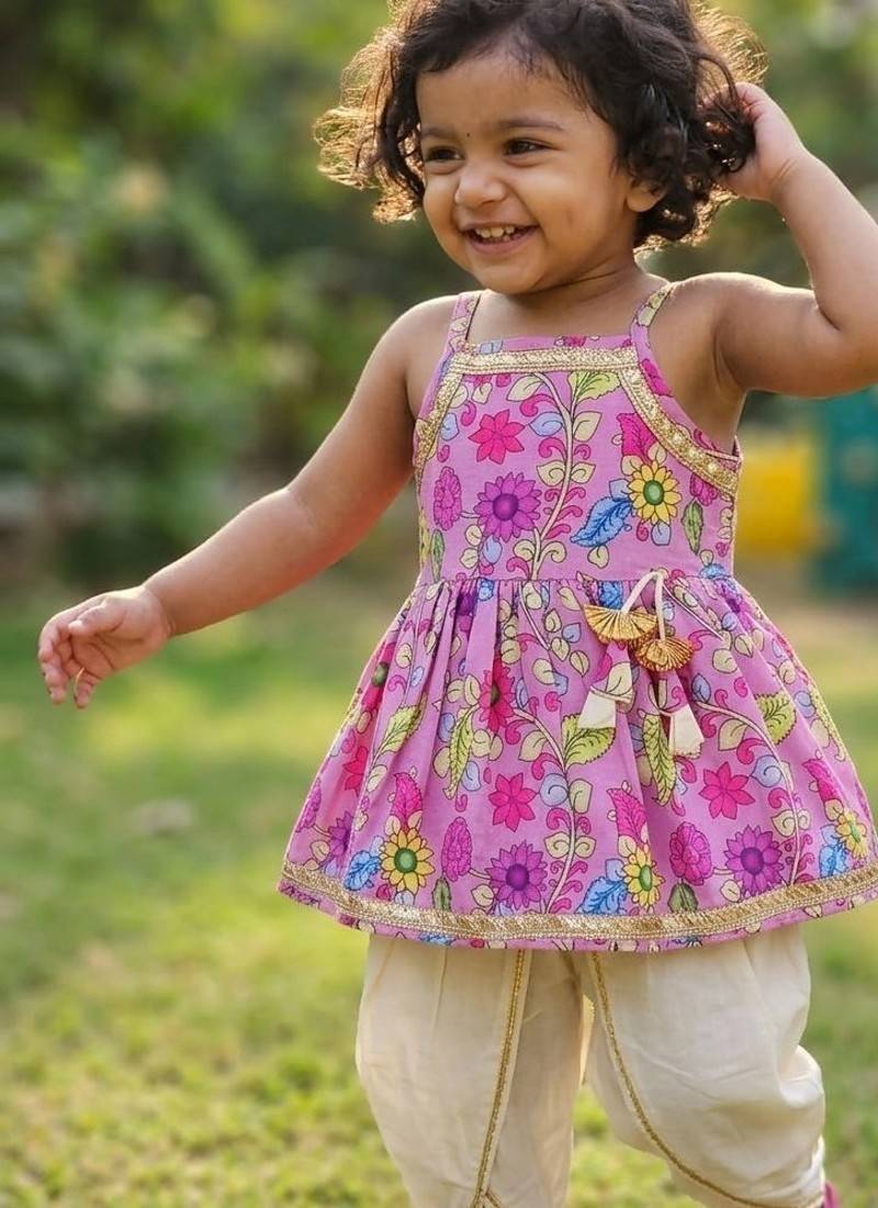 Purple floral print sleeveless polycotton dhoti and kurta set