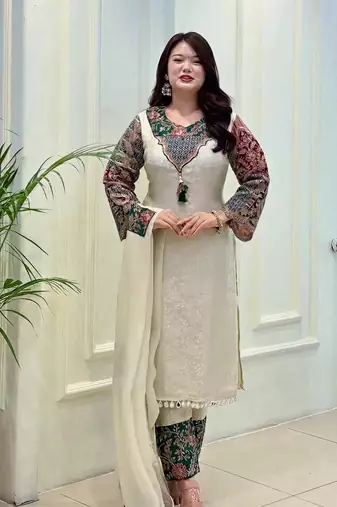 Cream Solid Cotton Kurta Set